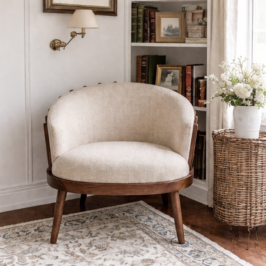 Mid-Century Natural Wood Accent Chair With Upholstered Seat For Living Room