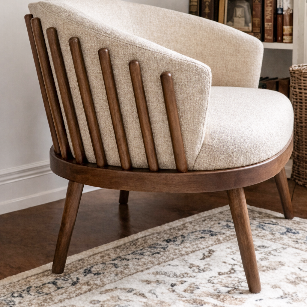 Mid-Century Natural Wood Accent Chair With Upholstered Seat For Living Room