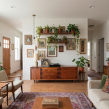 Mid-Century Natural Wood Cabinet With Decorative Drawer Fronts For Living Room