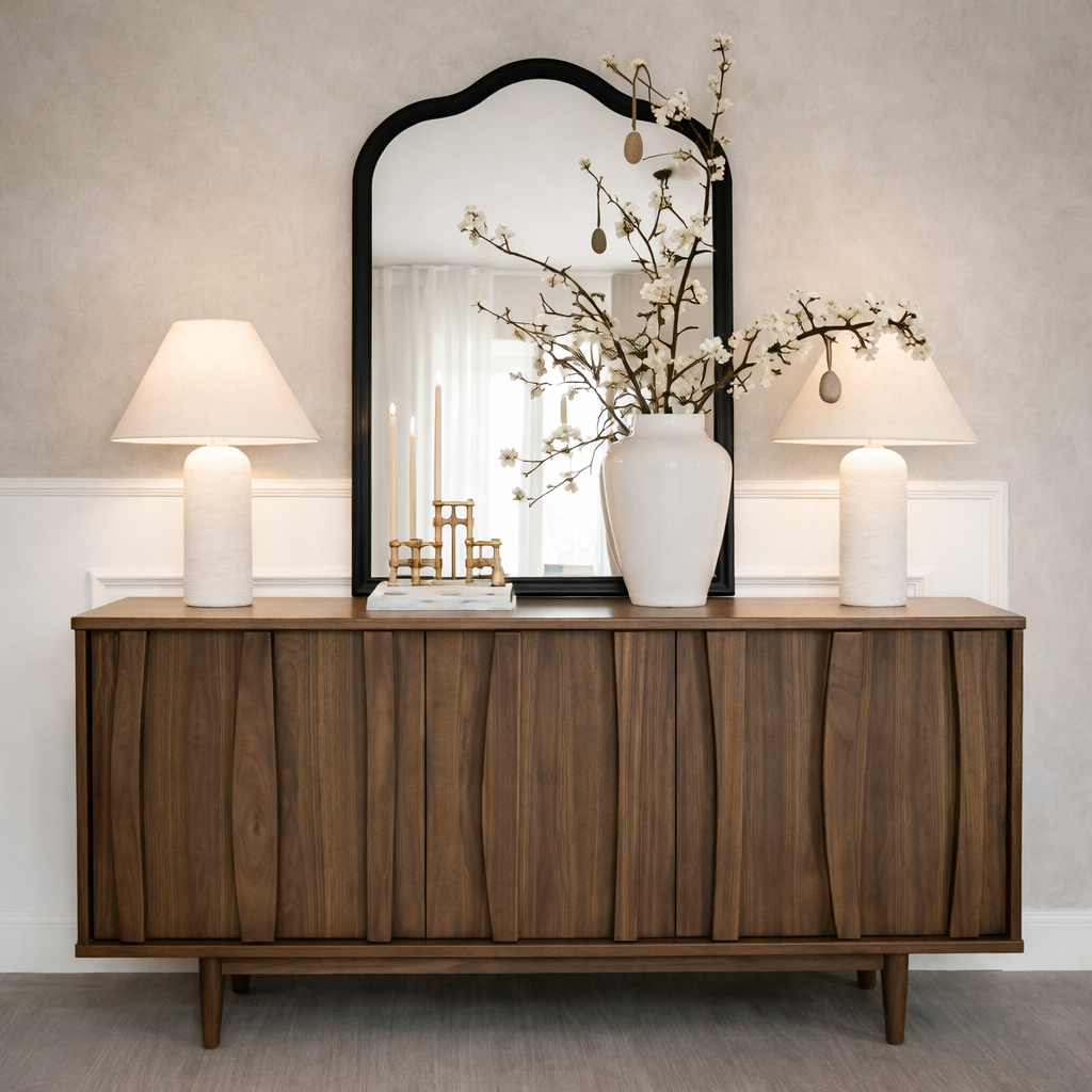 Mid-Century Natural Wood Cabinet With Sculpted Front Detail For Living Room
