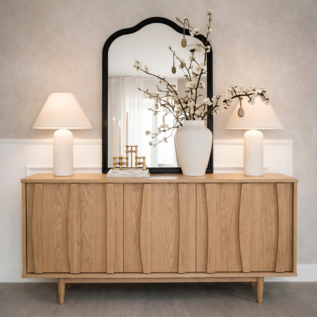 Mid-Century Natural Wood Cabinet With Sculpted Front Detail For Living Room