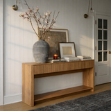 Mid-Century Natural Wood Console Table With Drawers And Lower Shelf For Living Room