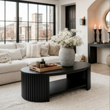 Mid-Century Natural Wood Oval Coffee Table With Fluted Base And Open Shelf For Living Room