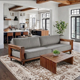 Mid-Century Natural Wood Sofa With Upholstered Cushions For Living Room
