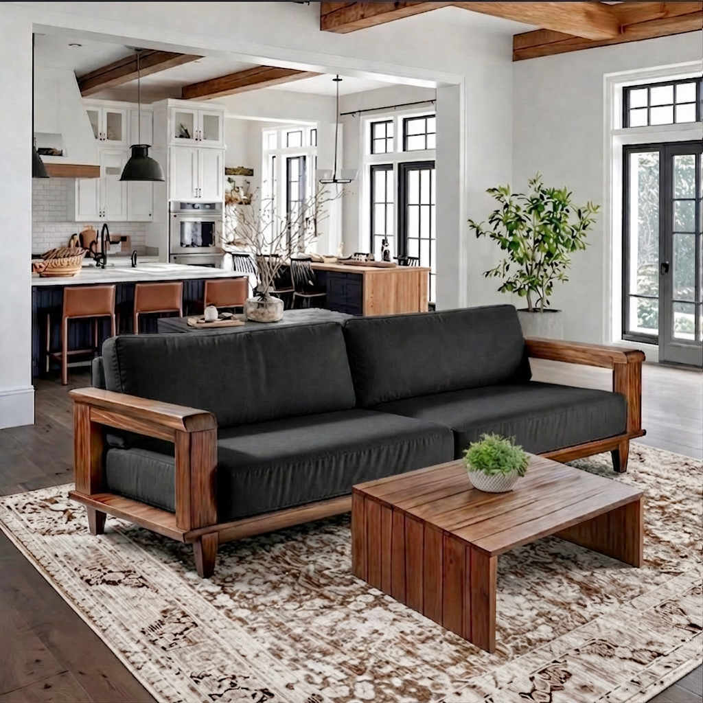 Mid-Century Natural Wood Sofa With Upholstered Cushions For Living Room