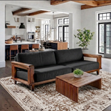 Mid-Century Natural Wood Sofa With Upholstered Cushions For Living Room
