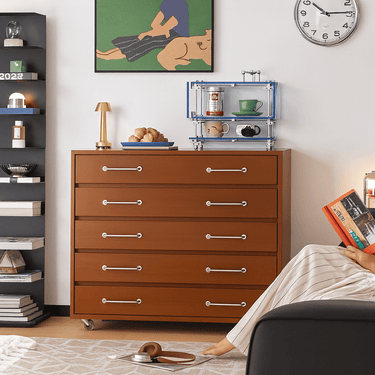 Mid-Century Pine Solid Wood Rolling Dresser For Bedroom