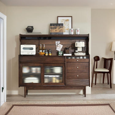 Mid Century Walnut Sideboard Cabinet With Glass Sliding Doors And Power Rail