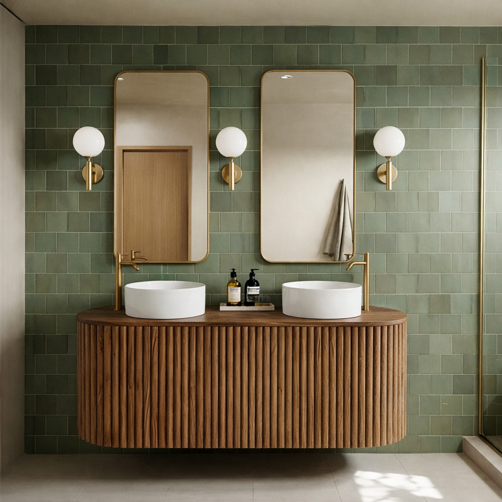 Mid-Century Wooden Bathroom Vanity With Fluted Front For Bathroom