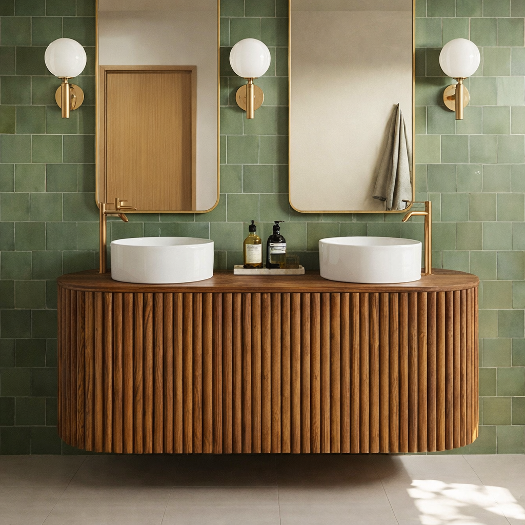 Mid-Century Wooden Bathroom Vanity With Fluted Front For Bathroom