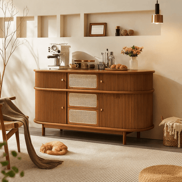 Mid-Century Wooden Fluted Sideboard Cabinet With Rattan For Dining Room