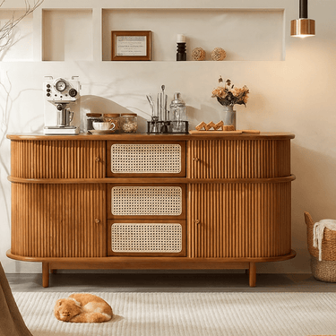 Mid-Century Wooden Fluted Sideboard Cabinet With Rattan For Dining Room