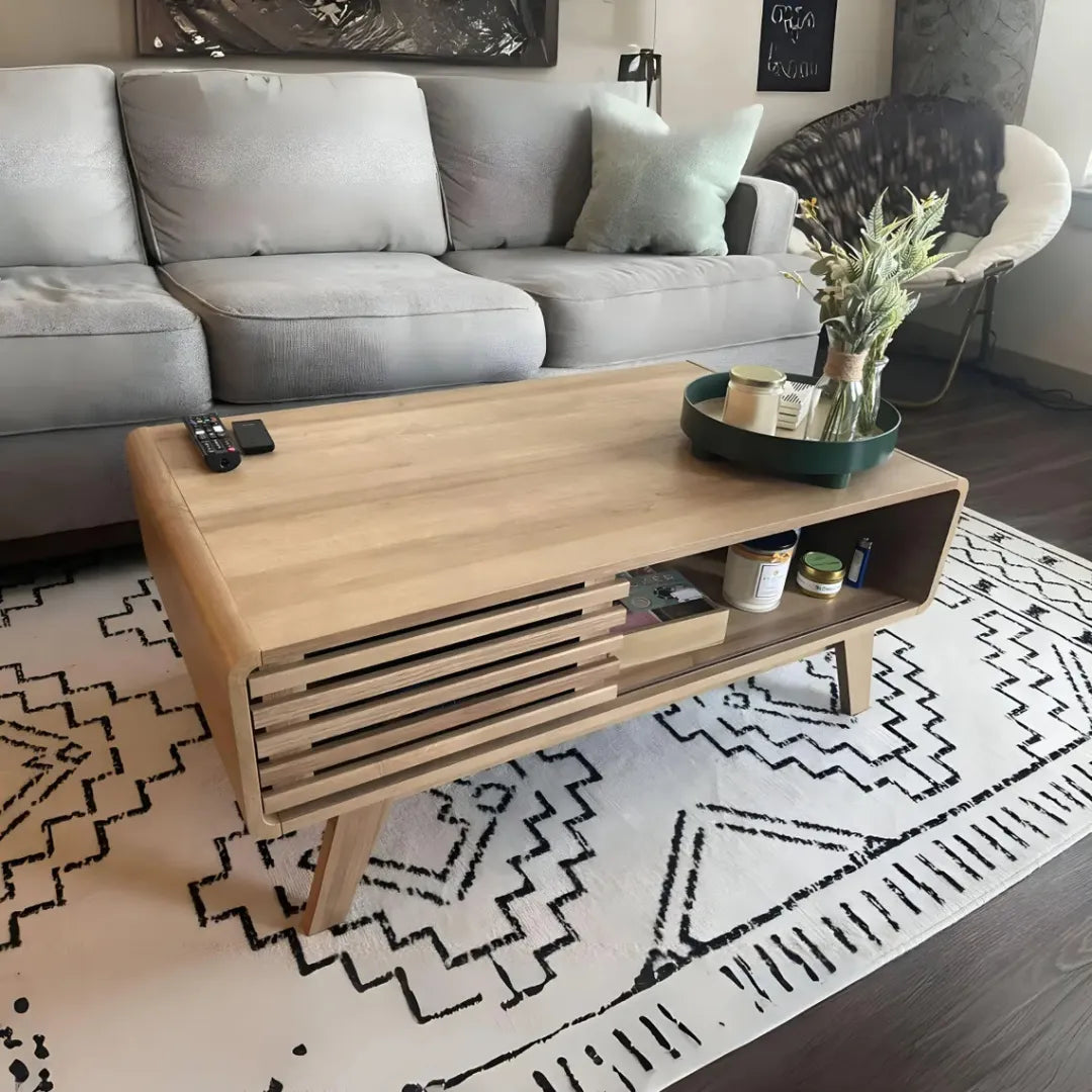 mid century modern wood coffee table with open storage and slatted design