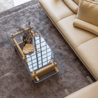 Minimalist Glass Wooden Beam Base Coffee Table For Living Room