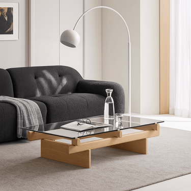 Minimalist Glass Wooden Beam Base Coffee Table For Living Room