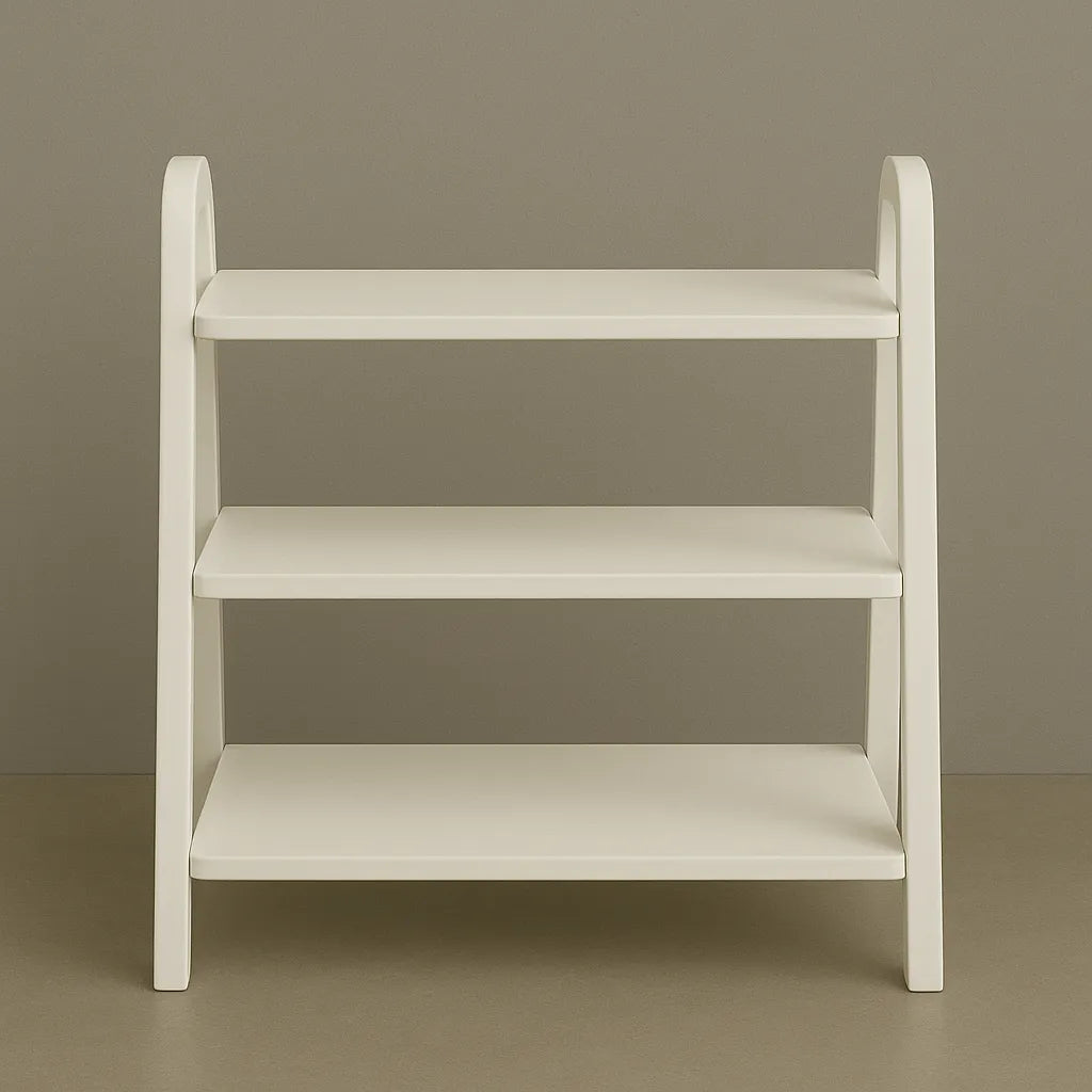Minimalist White Wooden Shoe Rack With Flat Shelves And Soft Curved Frame