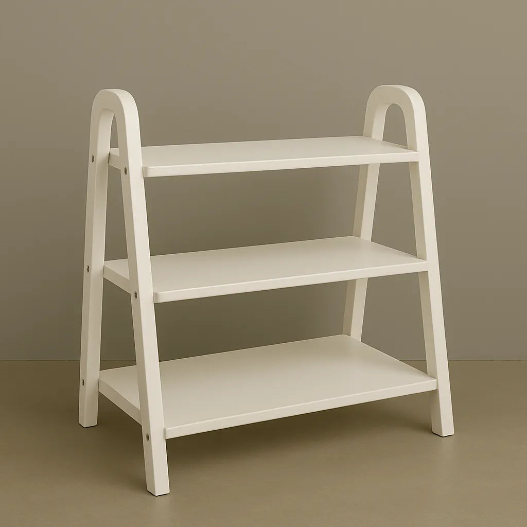 Minimalist White Wooden Shoe Rack With Flat Shelves And Soft Curved Frame