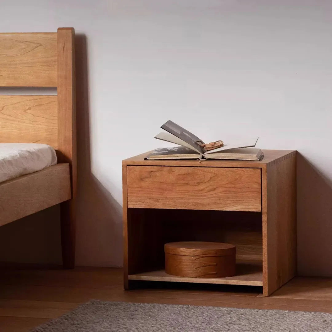 minimalist cherry nightstand with drawer and open shelf