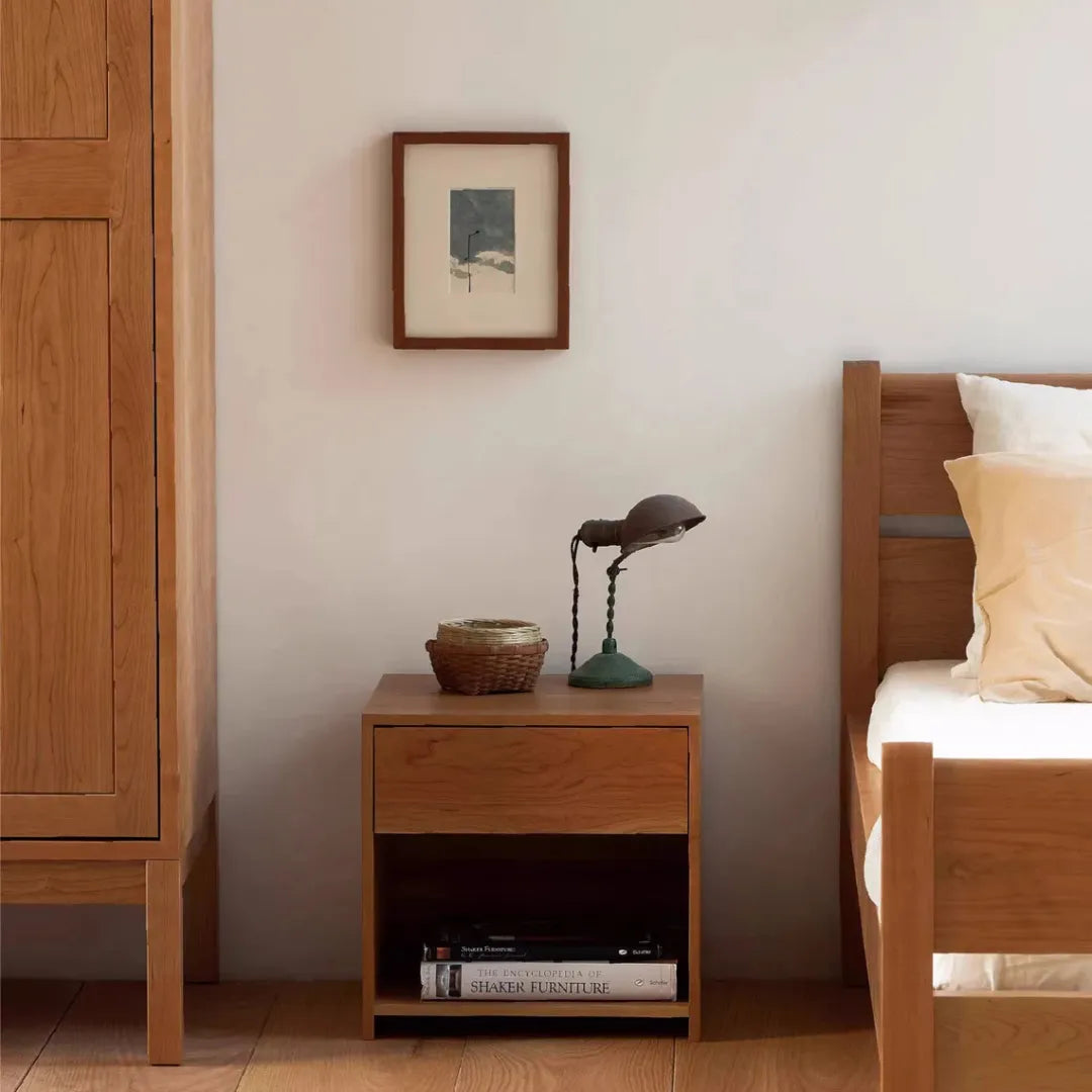 minimalist cherry nightstand with drawer and open shelf