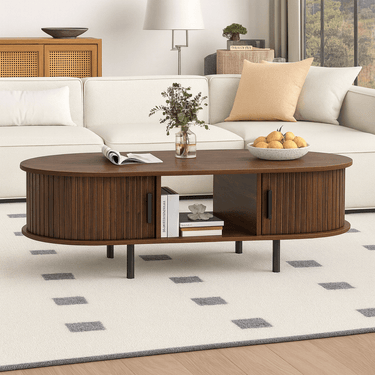 Mid-Century Oval Fluted Wooden Coffee Table