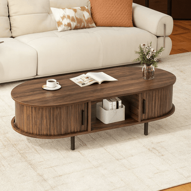 Mid-Century Oval Fluted Wooden Coffee Table