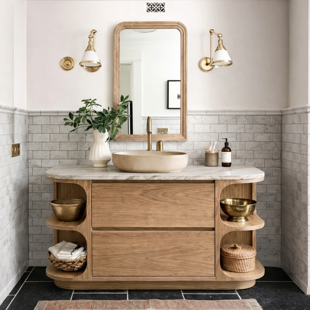 Modern Natural Wood Bathroom Vanity With Curved Open Shelves And Drawer Storage For Bathroom