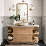 Modern Natural Wood Bathroom Vanity With Curved Open Shelves And Drawer Storage For Bathroom