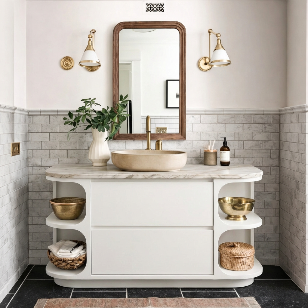 Modern Natural Wood Bathroom Vanity With Curved Open Shelves And Drawer Storage For Bathroom