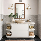 Modern Natural Wood Bathroom Vanity With Curved Open Shelves And Drawer Storage For Bathroom