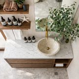 Modern Natural Wood Bathroom Vanity With Open Side Shelf And Drawer Storage For Bathroom