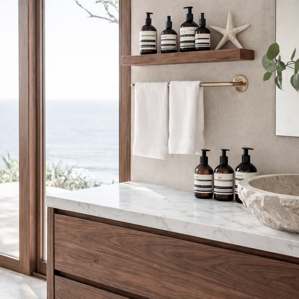 Modern Natural Wood Bathroom Vanity With Open Side Shelf And Drawer Storage For Bathroom