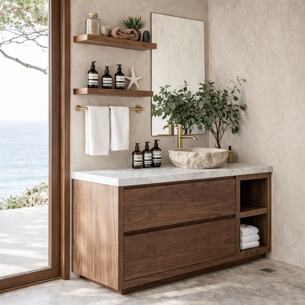 Modern Natural Wood Bathroom Vanity With Open Side Shelf And Drawer Storage For Bathroom