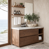 Modern Natural Wood Bathroom Vanity With Open Side Shelf And Drawer Storage For Bathroom