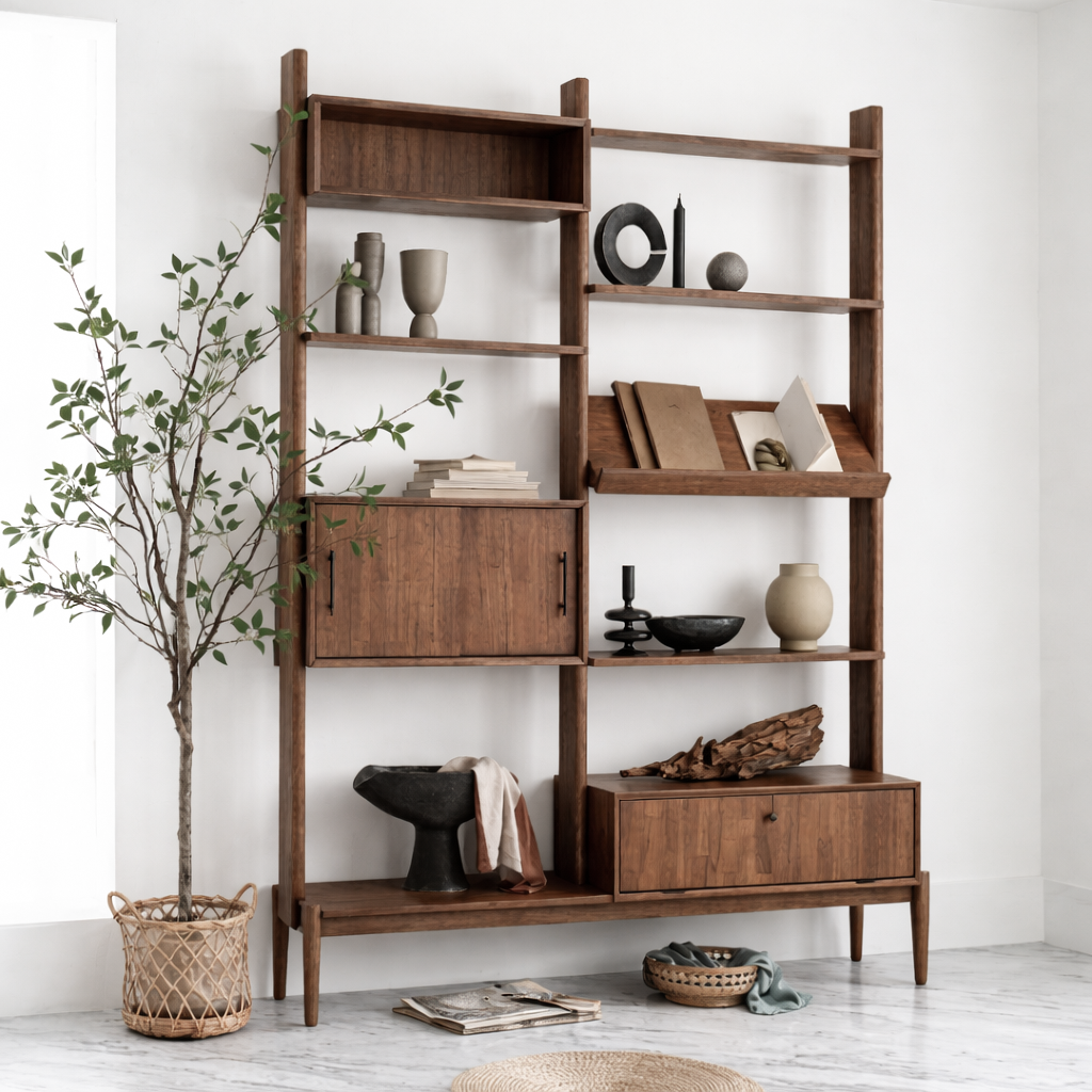 Modern Natural Wood Bookshelf With Cabinet Storage And Display Shelves For Office