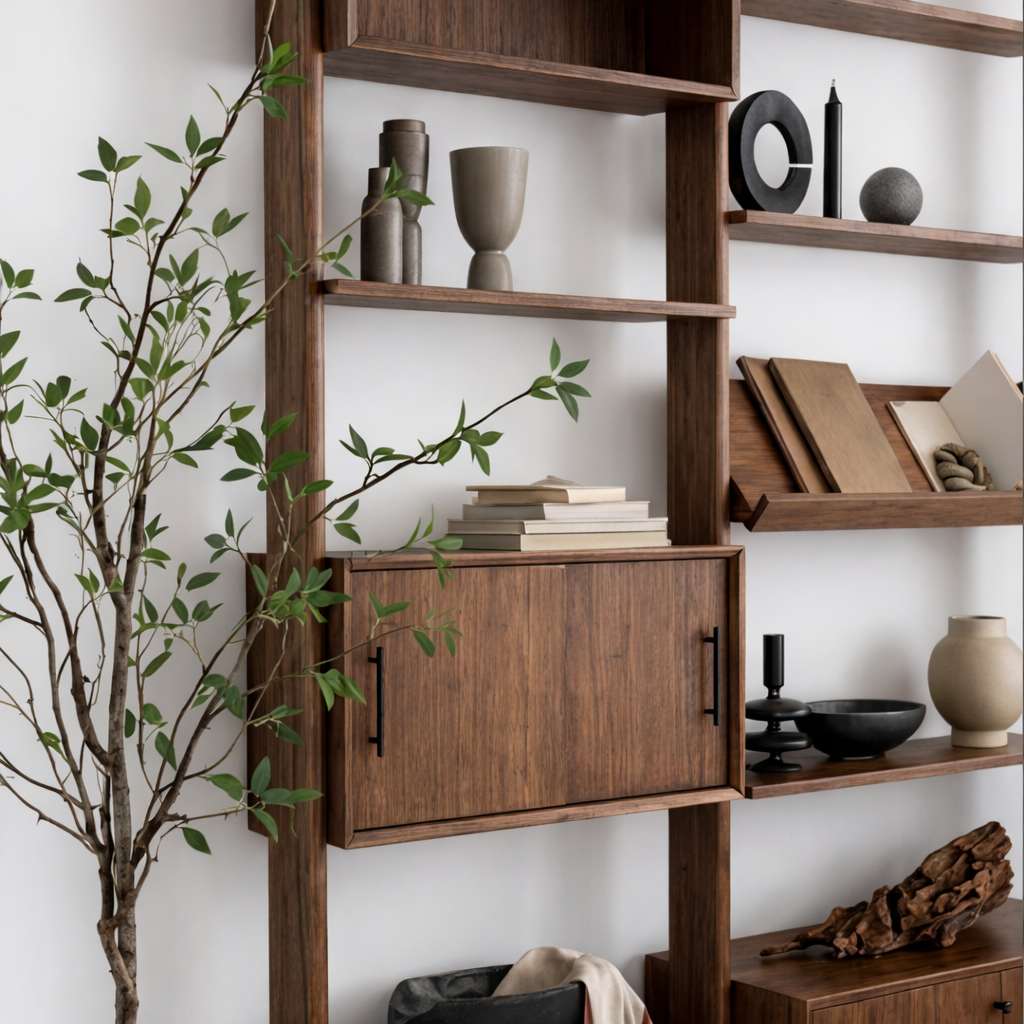 Modern Natural Wood Bookshelf With Cabinet Storage And Display Shelves For Office