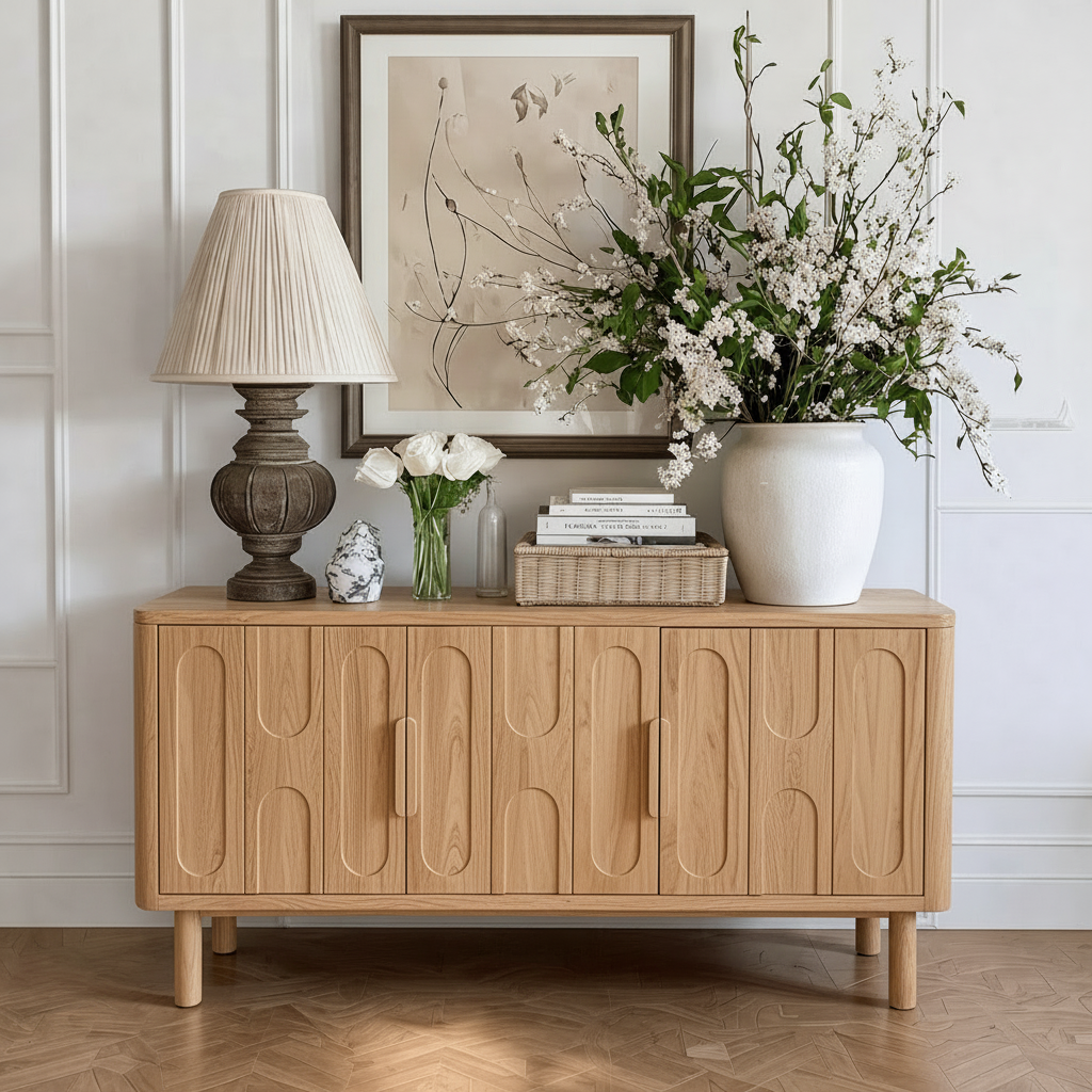 Modern Natural Wood Cabinet With Oval Detail Front For Living Room