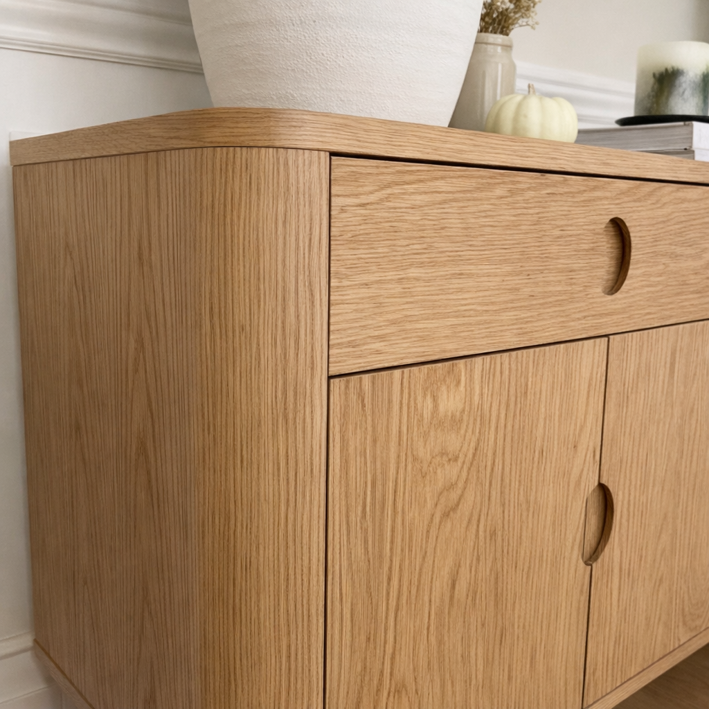 Modern Natural Wood Cabinet With Rounded Corners And Drawer Storage For Living Room