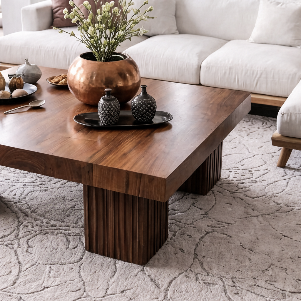 Modern Natural Wood Coffee Table With Fluted Pedestal Base For Living Room