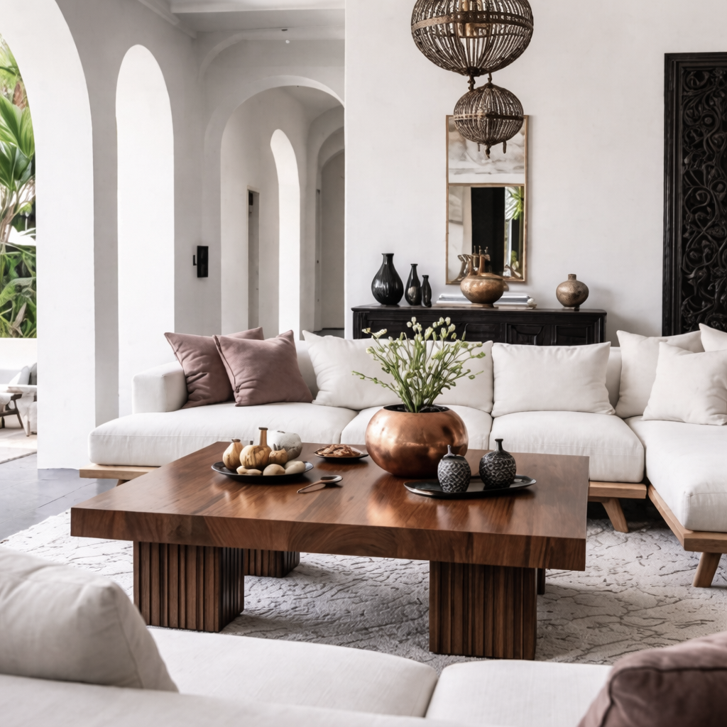Modern Natural Wood Coffee Table With Fluted Pedestal Base For Living Room