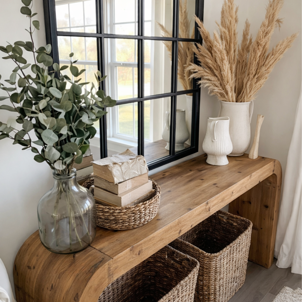 Modern Natural Wood Console Table With Arched Base And Open Storage For Living Room