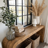 Modern Natural Wood Console Table With Arched Base And Open Storage For Living Room