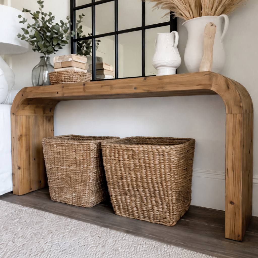 Modern Natural Wood Console Table With Arched Base And Open Storage For Living Room
