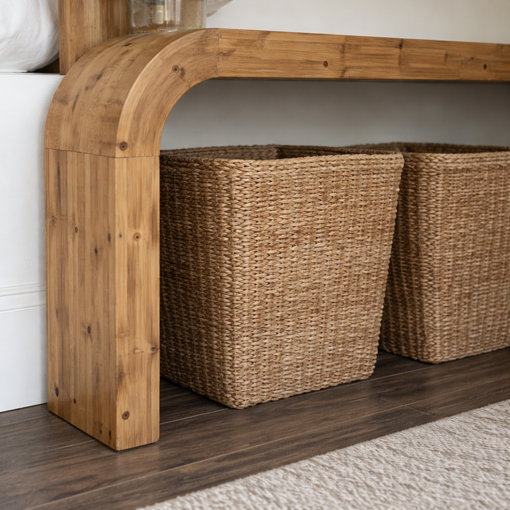 Modern Natural Wood Console Table With Arched Base And Open Storage For Living Room