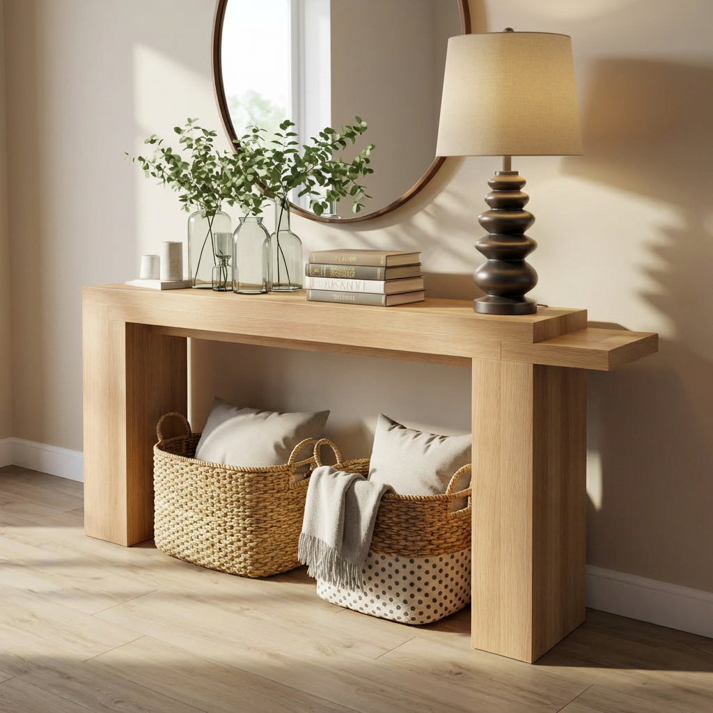 Modern Natural Wood Console Table With Clean Lines And Open Storage For Living Room