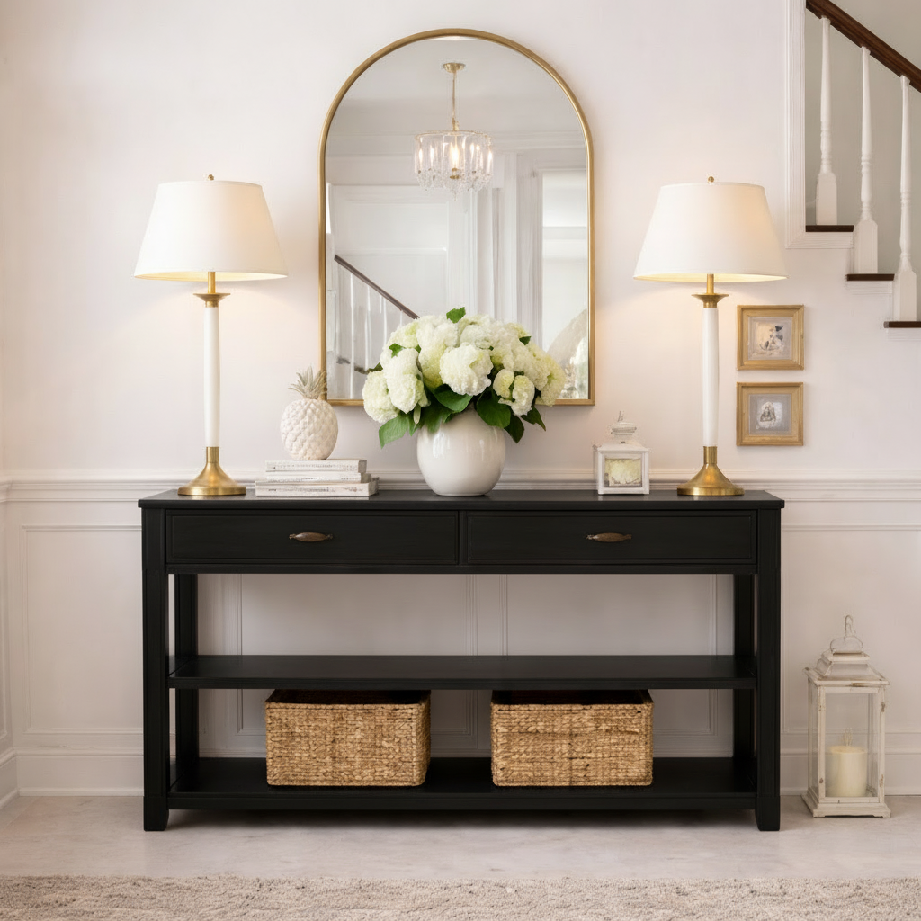Modern Natural Wood Console Table With Drawers And Open Shelf For Living Room
