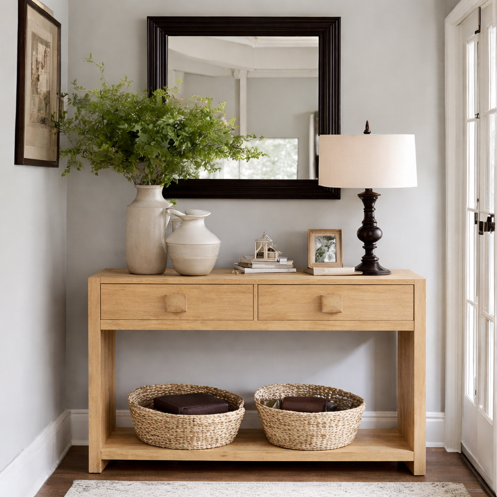 Modern Natural Wood Console Table With Elegant Drawers And Open Shelf For Living Room