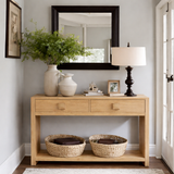 Modern Natural Wood Console Table With Elegant Drawers And Open Shelf For Living Room
