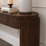 Modern Natural Wood Console Table With Fluted Columns And Drawers For Living Room