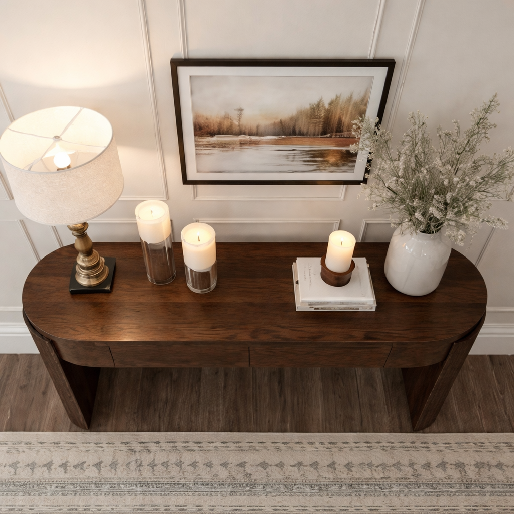 Modern Natural Wood Console Table With Fluted Columns And Drawers For Living Room