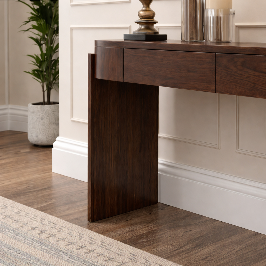 Modern Natural Wood Console Table With Fluted Columns And Drawers For Living Room